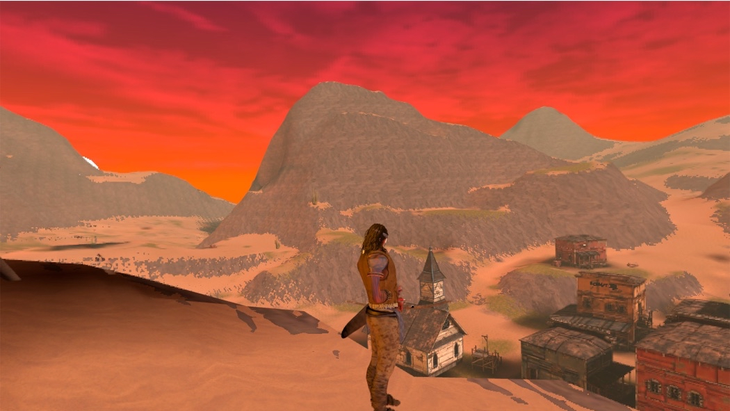 A native warrior overlooking a frontier town at sunset