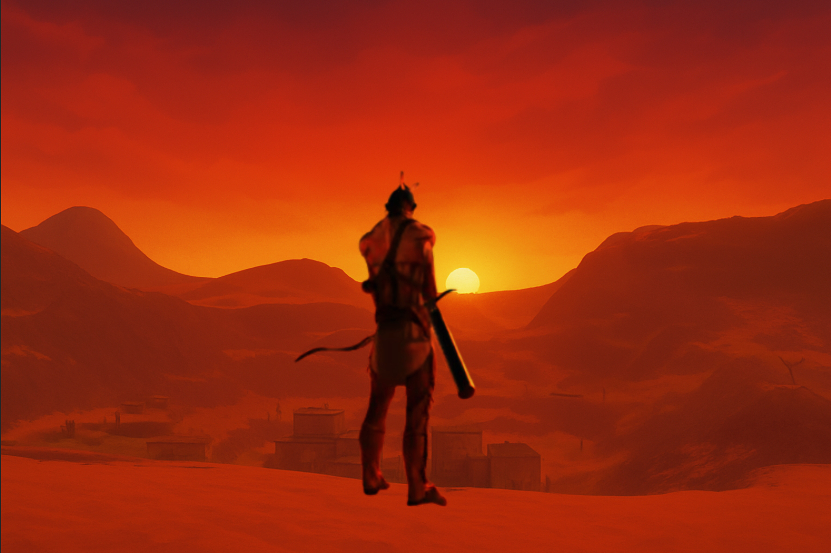 A native warrior overlooking a frontier town at sunset