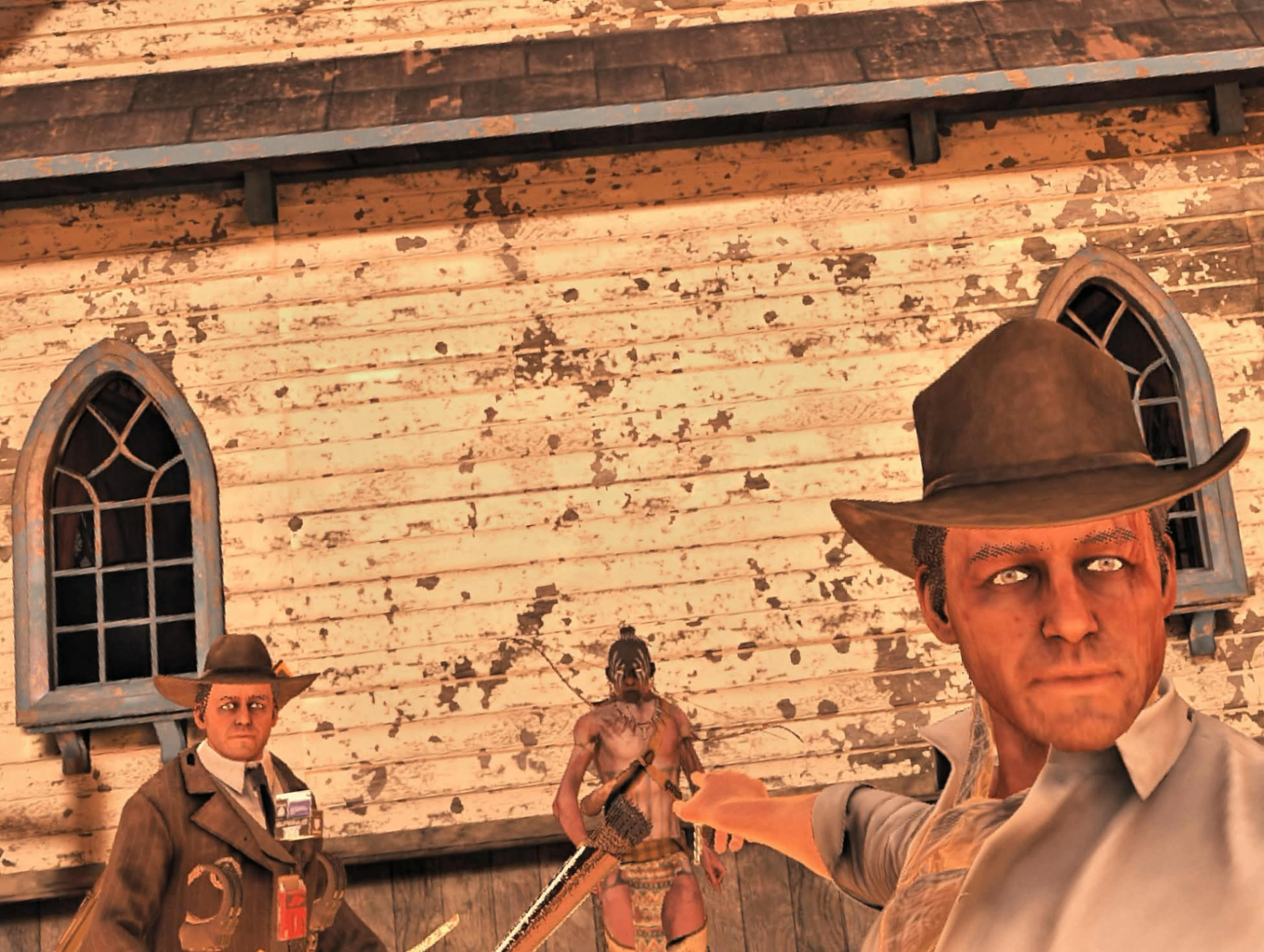 A lawman, a native, and a civilian standing together in Brightstone